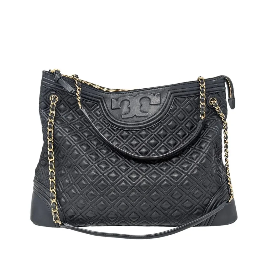 Tory Burch Fleming‎ Black Leather Shoulder Bag Quilted Chain Top Zip